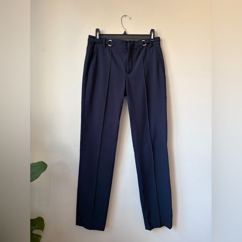 Zara Navy Straight-Leg Tailored Pants with Waist Buckles